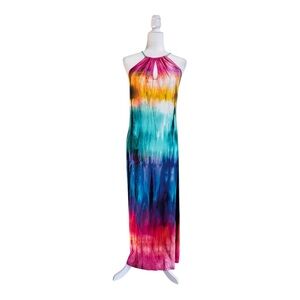 ANTIGEL Rainbow Tie Dye Halter Keyhole Neck Sleeveless Maxi Womens Size M